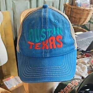 Blue and Tan Farenheit Headwear Cap Hat 70's  Austin Texas SXSW Embroidery